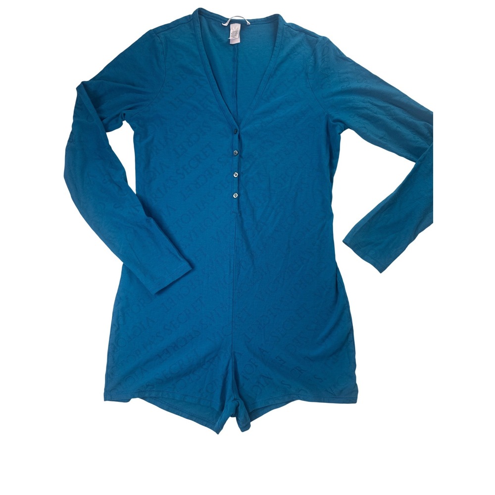 Victoria's Secret Teal Blue Logo Embossed Henley Romper Long Sleeve Pajamas M